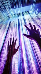 Fototapete - Abstract digital art depicting hands reaching toward luminous binary code streams representing technology, data, and communication in a vibrant environment.