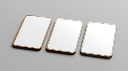 Poster - Three blank, white, rectangular screens with wooden frames, arranged horizontally on a gray background.