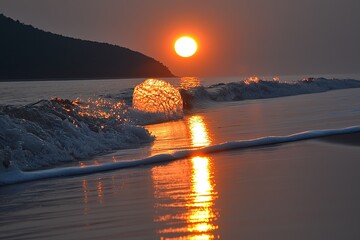 Poster - Ocean Sunset Wave Reflection Golden Hour