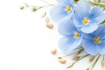 Poster - Delicate Blue Flax Flowers and Seeds on White