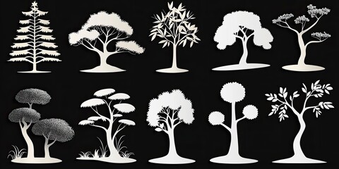 Poster - Twelve White Silhouettes of Various Tree Types
