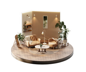 Poster - Isometric view round living room cozy style open inside interior architecture  isolated background 3d rendering	
