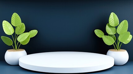 Fototapete - Minimalist White Podium with Green Plants on Dark Background