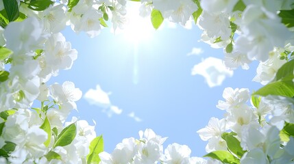 Poster - White Blossoms Frame Sunny Blue Sky