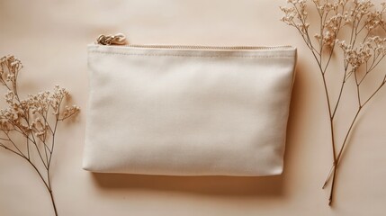 Fototapete - Beige cotton zipper pouch on beige background with dried flowers.