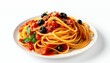 © avissarahmanita - Spaghetti Alla Puttanesca with Tomato Sauce Olives and Capers on White Plate Isolated on White Background Culinary Art Detailed View