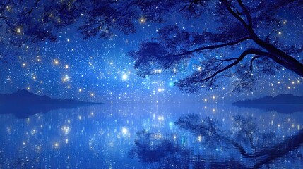 Poster - Starry Night Sky Reflects on Calm Lake, Creating Surreal Fantasy Atmosphere in Tranquil Setting