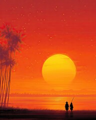 Poster - Hawaiian Legends Captured in Vibrant Sunset With Silhouettes of Figures by the Ocean