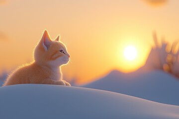 Poster - Orange Kitten Watching Sunset Over Snowy Landscape