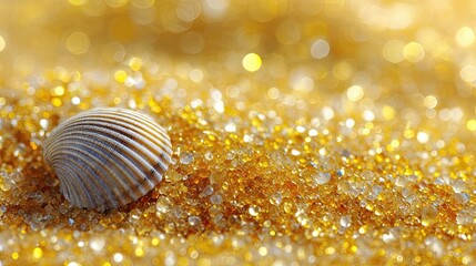 Poster - Golden Beach Sand Grains With a Shell Fragment Illuminated by Natural Light in a Macro View
