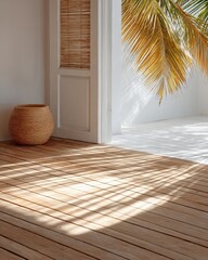 Poster - Wooden Lanai Corner With Woven Blinds and Palm Tree Shadows on a Sunny Day