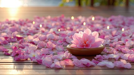 Aufkleber - Orchid Petals Surround a Small Candle on a Wooden Deck Under the Enchanting Night Sky