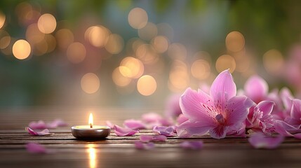 Aufkleber - Orchid Petals Surround Candle on Wooden Deck at Night Creating a Warm and Inviting Atmosphere