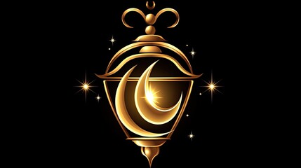 Poster - Golden Lantern Illuminating Crescent Moon Night Sky
