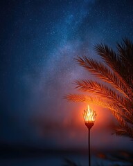 Poster - Single Tiki Torch Illuminates Tropical Night Sky With Palm Silhouettes and Distant Stars