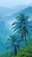 Poster - Tropical Rain Mood With Lush Palm Trees in Misty Mountainous Landscape at Dawn
