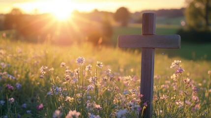 Poster - Wooden cross in a sunlit field of wildflowers at sunset.