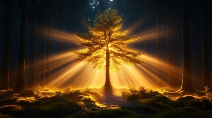 Poster - Sunlight Streaming Through Trees in Enchanted Forest Clearing