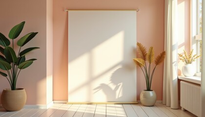 Poster - Minimalist interior with empty canvas and plants in soft light  