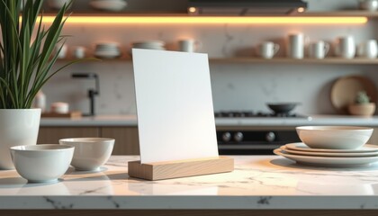 Poster - Minimalist kitchen countertop with blank sign, bowls, and plant  