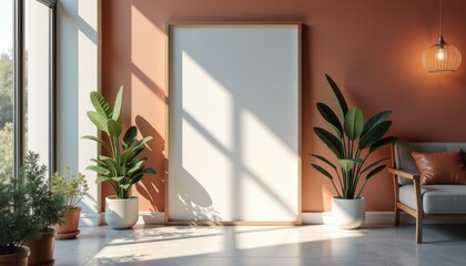 Poster - Modern living room with blank canvas and potted plants in sunlight  