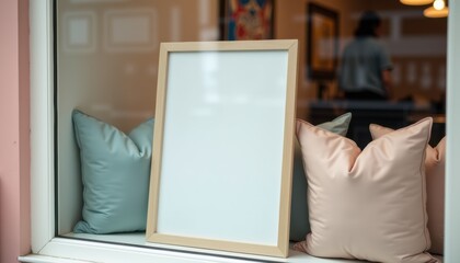 Poster - Empty wooden frame near pillows on window sill in a cozy cafe  