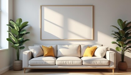 Poster - Modern living room with white sofa and lush plants in daylight  