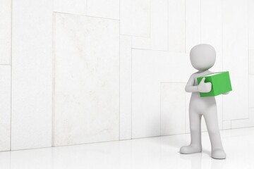 Aufkleber - 3D humanoid figure holding green box in minimalist white room  