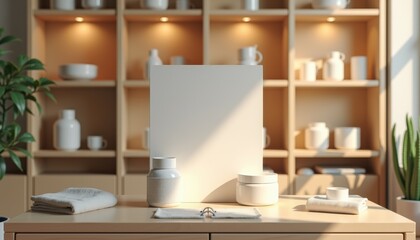 Poster - Minimalist workspace with blank canvas and white ceramics in natural light  