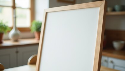 Poster - Empty wooden frame on kitchen table with plants in the background  