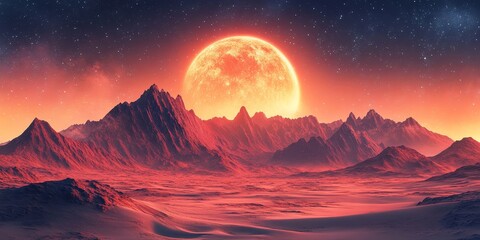 Wall Mural - Mars landscape. a captivating red desert with mountains, stars, and 3D artwork, perfect for a space game cover or poster