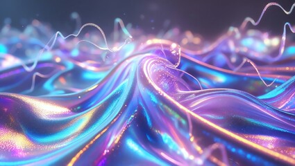 Wall Mural - abstract iridescent swirls, vibrant digital art, glowing texture, cosmic landscape, holographic wave