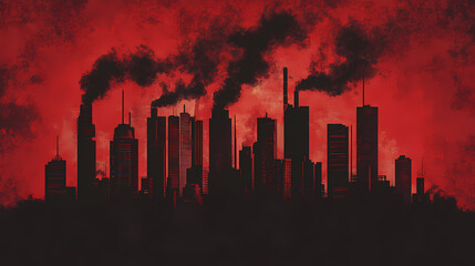 Wall Mural - a stylized city skyline silhouette against a vibrant red background, with dark smoke rising, conveyi