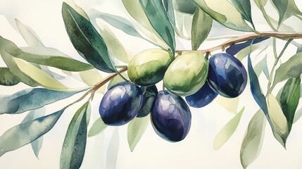 Poster - Watercolor painting of olive branch with green and purple olives.