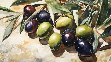 Poster - Watercolor painting of ripe green and black olives with leaves on a beige background.