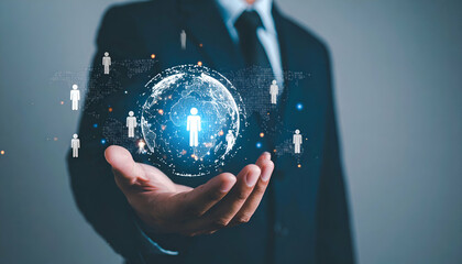 Poster - Global network, digital connections, person in hand