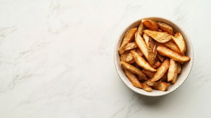 Poster - Bowl of crispy potato wedges on marble background.