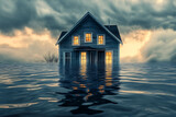 Flooded blue house with illuminated windows reflecting in the water under a stormy sky at dusk