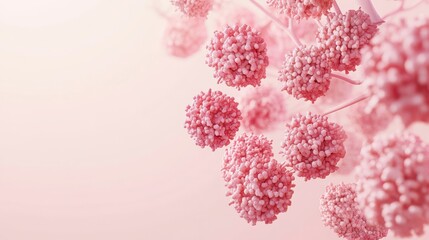 Poster - Microscopic view of pink spherical cells connected by thin stems against a soft pink background.