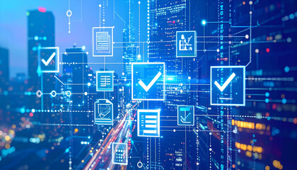 Poster - Cityscape overlaid with digital checkmarks and workflow icons, representing efficient processes and technological integration
