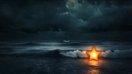 Wall Mural - a star is floating in the ocean. the water is dark blue. the sky is cloudy. the star is shining brig