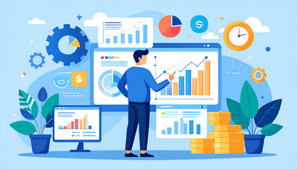 Poster - Businessman analyzes data displayed on multiple screens, showing graphs and financial charts