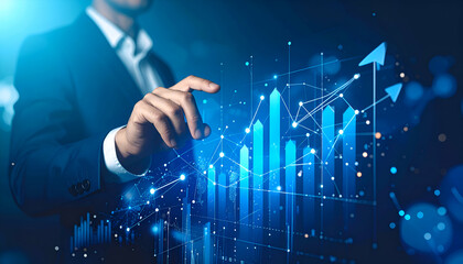 Poster - Businessperson interacts with a holographic projection of upward trending graphs, illustrating growth and success
