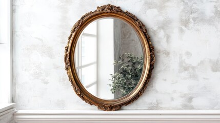 Poster - Oval antique gold mirror on textured wall.