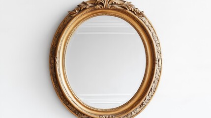 Poster - Ornate gold oval mirror on white wall.