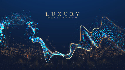 Wall Mural - Blue background with glowing dot particles and golden neon lines decorated with bokeh, luxury style stage design concept. Vector illustration.