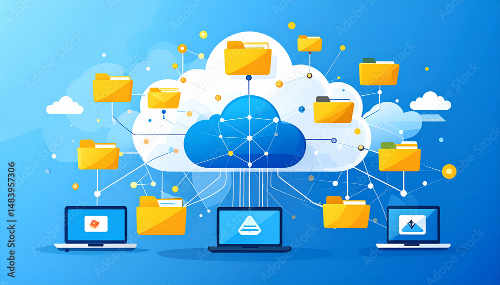 Cloud storage network showcasing file sharing across multiple devices ...