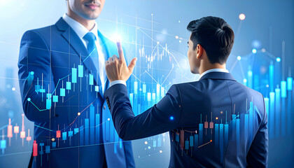 Poster - Two businessmen interact with a holographic financial display showing market data and charts