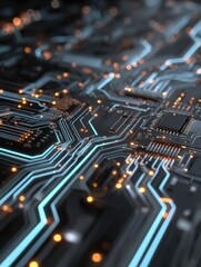Poster - Abstract Close-Up of a Modern Circuit Board with Blue Lines and Glowing Orange Lights for Technology and Innovation Themes