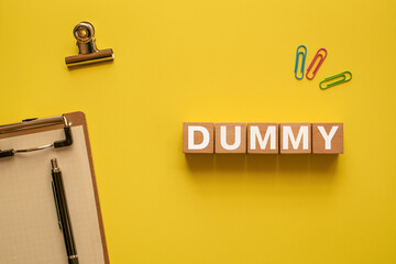 Poster - There is wood cube with the word DUMMY. It is as an eye-catching image.
